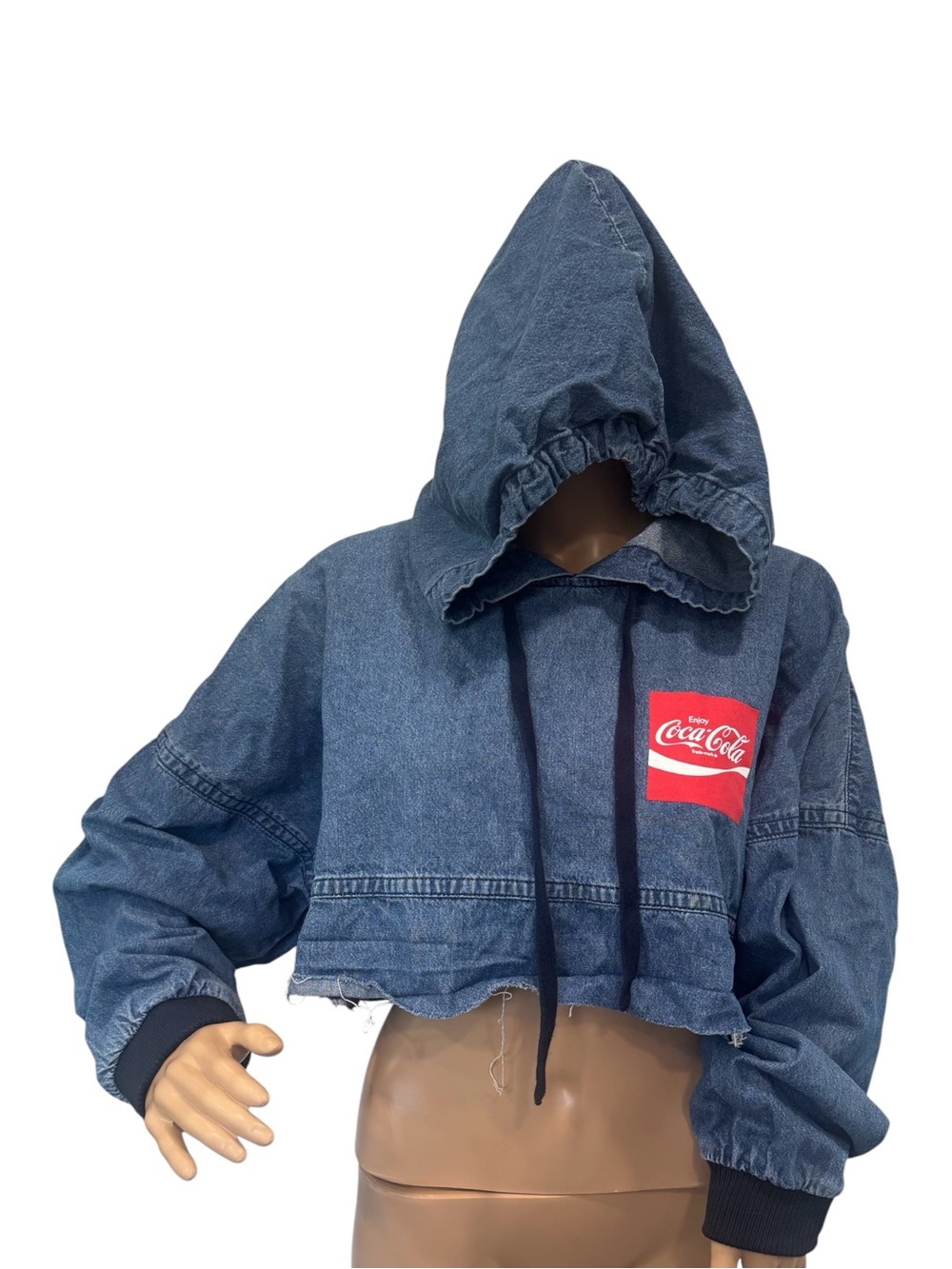Coca-Cola By Spirit Jersey Denim Cropped Pull Over Hoodie Raw Hem Size S - Picture 4 of 10